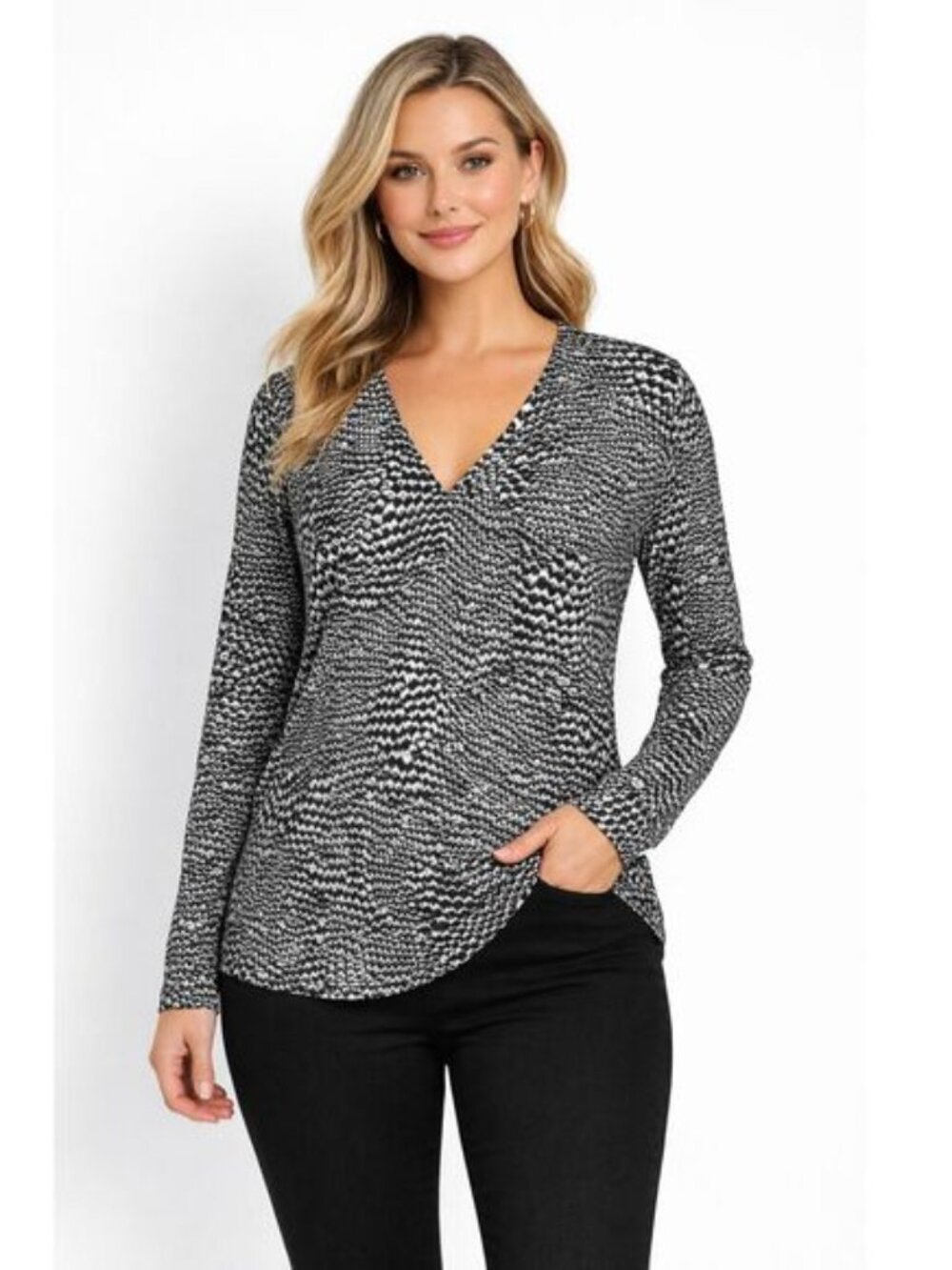 Talbots Top XL Stretch Long Sleeve Reptile Print Black & Ecru